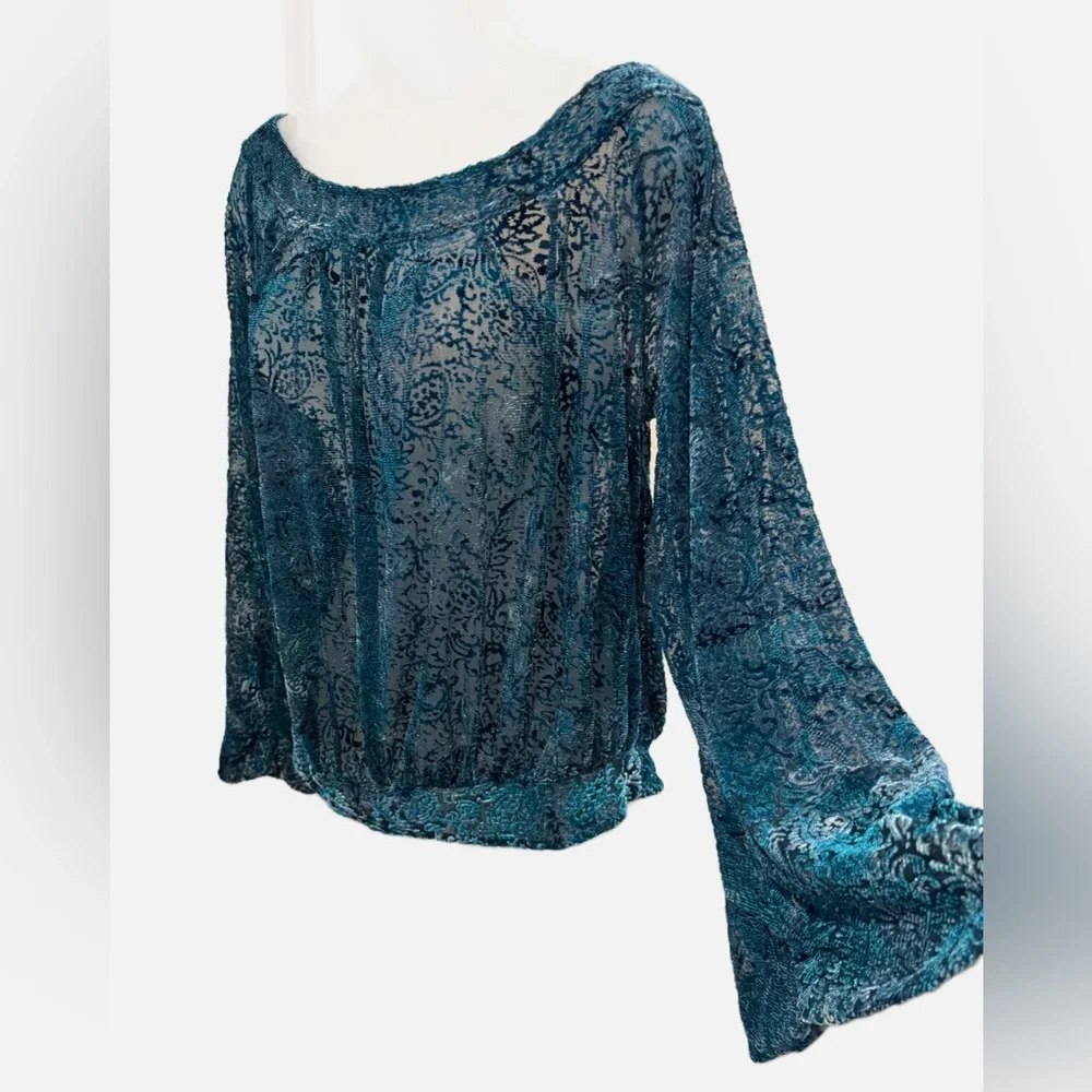 Free People | Ginger Berry Sheer Velvet Burnout Off-Shoulder Top-Teal- Boho Chic